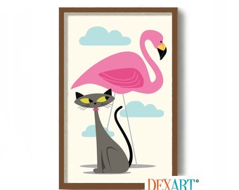 Mid Century Modern Atomic Cat Art Print, Cat Lover Gift, Pink Flamingo Decor, Gray Cat Print, MCM Wall Art, Retro Poster, Lawn Ornament