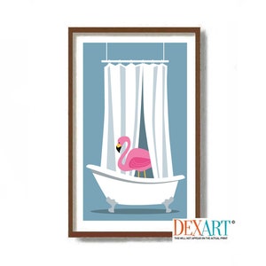 Pink Flamingo Bathroom Decor, Mid Century Modern Art Print, Bath Wall Art, Tropical Florida Decor, Claw Foot Tub, Bath Time