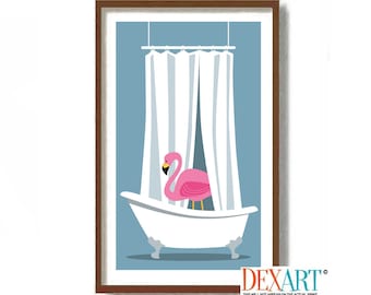 Pink Flamingo Bathroom Decor, Mid Century Modern Art Print, Bath Wall Art, Tropical Florida Decor, Claw Foot Tub, Bath Time