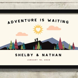 Outdoor Enthusiast Wedding Gift for Couple, Adventure Awaits, Adventurous Couple Personalized Art Print Outdoorsy Camping Hiking Backpacking