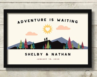 Outdoor Enthusiast Wedding Gift for Couple, Adventure Awaits, Adventurous Couple Personalized Art Print Outdoorsy Camping Hiking Backpacking