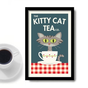 Gray Cat Kitchen Art, Cat Art Print, Cat Lover Gift, Tea Cup Art, Tea Gift Decor, Tea Lover Gift, Kitchen Cat Gift for Women, British Tea