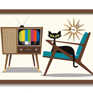 Mid Century Modern Art, Black Cat Art Print, Z Chair, Retro Wall Clock, Living Room Wall Art, Cat Lover Gift, Retro TV, Danish Modern