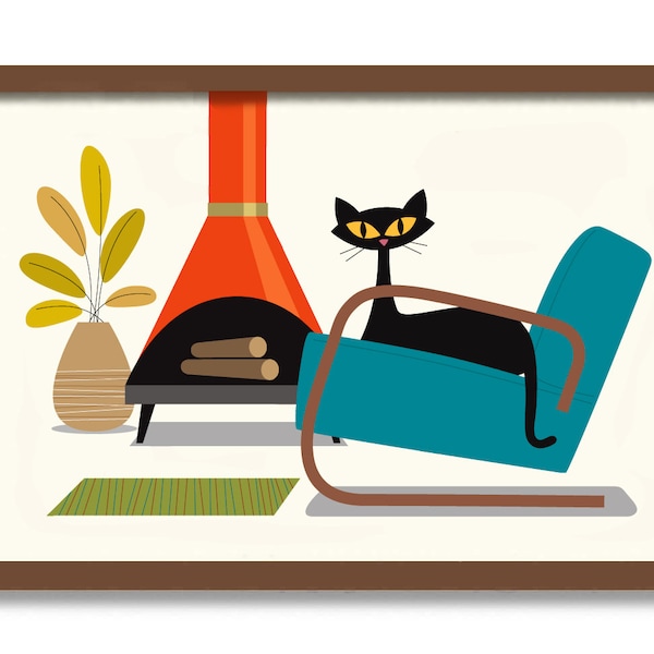 Mid Century Modern Art, Black Cat Art Print, Cat Poster,  Atomic Cat Lover Gift, Tank Chair, Cat Gifts for Men, Retro Fireplace