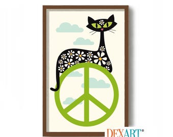 Mid Century Modern Cat Art Print, Hippie Decor, Flower Child Boho Decor, Black Cat, Psychedelic Art 1960s Cat Lover Gift Peace Sign Wall Art