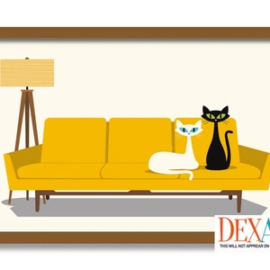 Mid Century Modern Art Print, Black Cat Art, Cat Lover Gift, Floor Sofa, White Cat Art Decor, Floor Couch, Wall Art, Contemporary Style