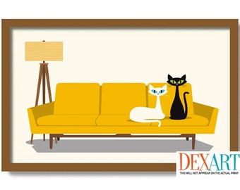 Mid Century Modern Art Print, Black Cat Art, Cat Lover Gift, Floor Sofa, White Cat Art Decor, Floor Couch, Wall Art, Contemporary Style