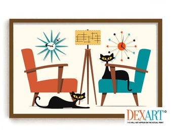 Mid Century Modern Black Cat Wall Art Print, Palm Springs, Modern Chair, Modern Floor Lamp, 11x17 Print, Arm Chair, Living Room Wall Art