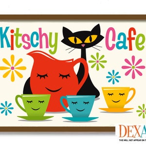 Kitsch Decor Mid Century Modern Kitchen Art Print, Black Cat Lover Gift, Coffee Gift, Retro Coffee Pot, Coffee Cups, Pantry Sign, Atomic Art