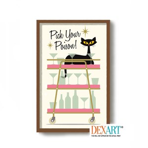 Bar Cart Art Print, Mid Century Modern Black Cat, Atomic Retro Decor, Cocktail Decor