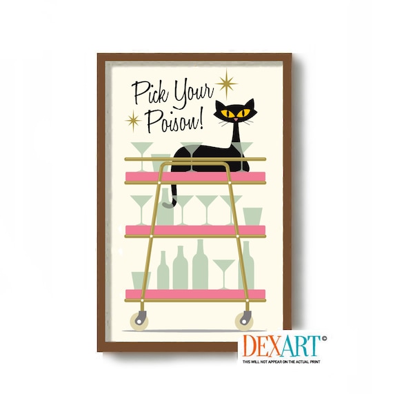 Bar Cart Art Print, Mid Century Modern Black Cat, Atomic Retro Decor, Cocktail Decor