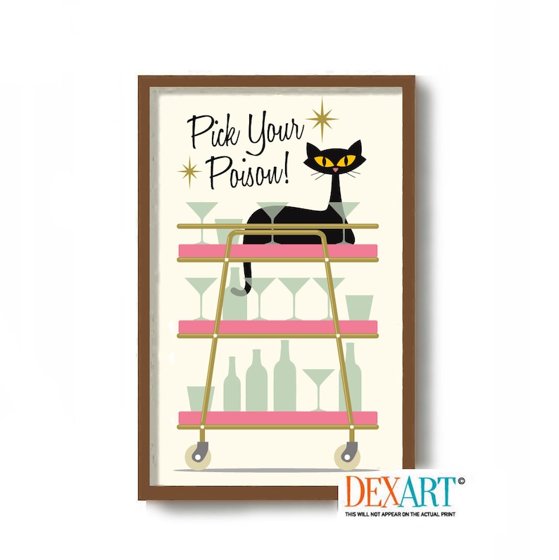 Bar Cart Art Print, Mid Century Modern Black Cat, Atomic Retro Decor, Cocktail Decor image 1