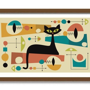 Mid Century Modern Cat Art Print, Atomic Cat Lover Gift, Black Cat Illustration, Modernist Wall Decor, Black Cat Art, Contemporary Design