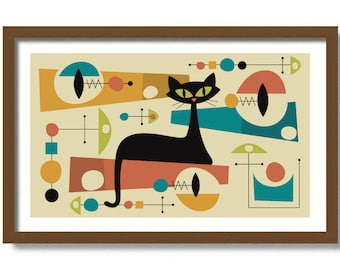 Mid Century Modern Cat Art Print, Atomic Cat Lover Gift, Black Cat Illustration, Modernist Wall Decor, Black Cat Art, Contemporary Design