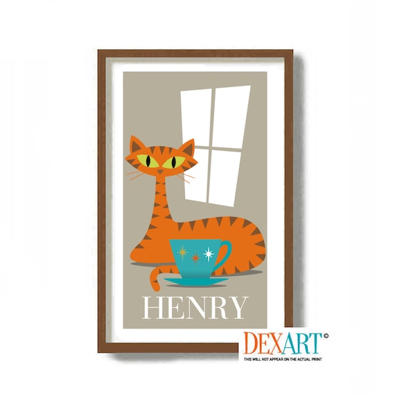 Personalized Cat Gift, Orange Tabby Cat Art Print, Mid Century Modern Wall Decor, Yellow Tiger Cat Gift, Cat Lover, Striped Cat, Retro Cat