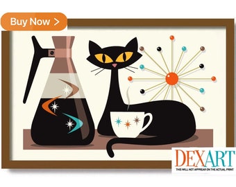 Mid Century Modern Cat and Kitchen Art Print, Wall Art, Black Cat Lover Gift, Coffee Lover Gift, Retro Coffee Pot, Atomic Star Decor
