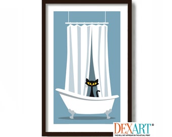 Mid Century Modern Bathroom Art, Cat Art Print, Black Cat Lover Gift Idea, Bathroom Decor, Claw Foot Tub, Cat Poster, Bath time Wall Art