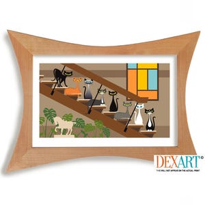 May include: A colorful illustration of a group of cats walking down a set of stairs. The cats are all different colors and have different expressions on their faces. The stairs are made of wood and have a railing. There is a window in the background with a stained glass design.