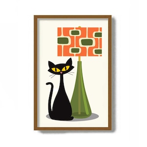 May include: A black cat with yellow eyes sits next to a green lamp with an orange and green geometric patterned lampshade.