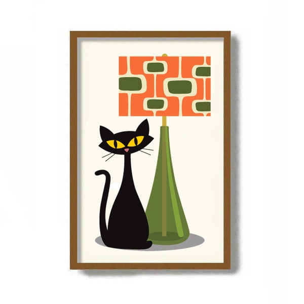 Cat Lover Gift, Mid Century Modern Art, Modern Table Lamp, Danish Modern, Living Room Wall Art, Atomic Art, Crazy Cat Lady, Table Lamp