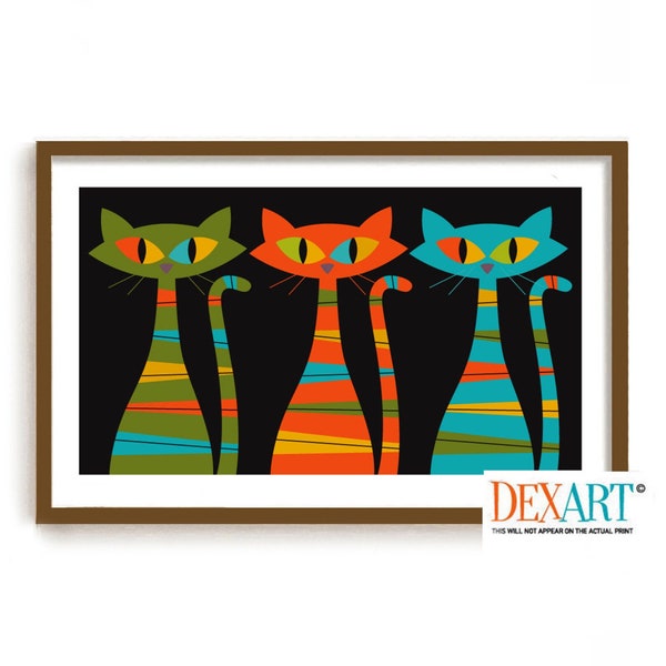 Impression d'art murale chat atomique noir moderne du milieu du siècle, cadeau pour amoureux des chats, décoration murale design scandinave, danois moderne, style contemporain