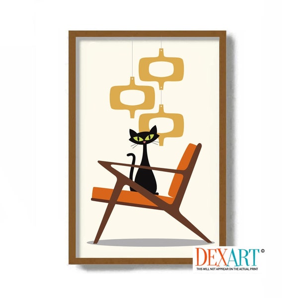 Mid Century Modern Art, Cat Lover Gift, Selig Z Chair, Danish Modern, Black Cat Art, Living Room Wall Art, Cat Poster, Contemporary Chair