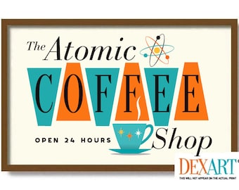 Mid Century Modern Kitchen Atomic Wall Art Print, Coffee Cup, Coffee Bar Sign, Retro Kitchen Decor, Coffee Art