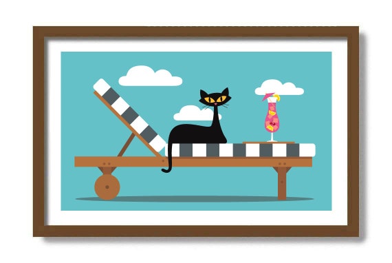 Mid Century Modern Art Print, Black Cat Lover Gift, Chaise Lounge, Palm Springs, Outdoor Patio Decor, Florida Print, Mai Tai, Swimming Pool