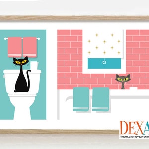 Cat Bathroom Print, Mid Century Modern Art, Cat Art Decor, His and Hers Couples Gift, Black Cat Grey Tabby Lover Gift Idea, Bathtub Wall Art