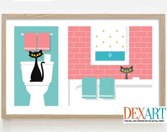Cat Bathroom Print, Mid Century Modern Art, Cat Art Decor, His and Hers Couples Gift, Black Cat Grey Tabby Lover Gift Idea, Bathtub Wall Art
