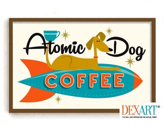 May include: A retro-style illustration of a dog riding a rocket with the text "Atomic Dog Coffee" in a vintage font. The dog is brown and the rocket is blue, orange, and white.