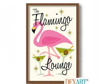 May include: A vintage-style illustration of a pink flamingo standing on two martini glasses with olives. The text "The Flamingo Lounge" is written in a retro font.