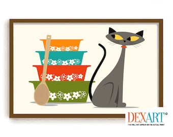 Mid Century Modern Kitchen Wall Art, Gray Cat Art Print, Colorful Glass Bowls, Cat Lover Gift Idea, Kitchen Art Print