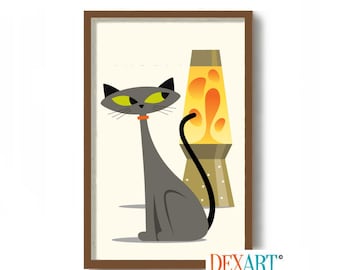 Mid Century Modern Art Print, Lava Lamp, Gray Cat Print, Retro Table Lamp, Black Cat Artwork, Hippie Decor, MCM Wall Art, Cat Lover Gift