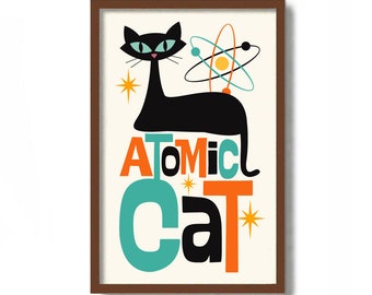 Atomic Cat Art Print, Retro Sign, Mid Century Modern Art, Kitchen Wall Art, Black Cat Lover Gift, Cat Mom Gift, Pantry Sign