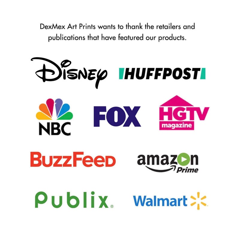 Op de afbeelding: Een collage van logo's van verschillende retailers en publicaties, waaronder Disney, HuffPost, Fox, HGTV, NBC, BuzzFeed, Amazon Prime, Publix en Walmart.