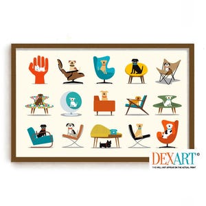 May include: A colorful illustration of dogs sitting in various mid-century modern chairs. The illustration features a variety of dog breeds and chair styles, including the Eames Lounge Chair, the Barcelona Chair, and the Wassily Chair.