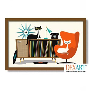Impression d'art moderne Mid-Century, cadeaux chat atomique, buffet rétro, impression d'art chat smoking, cadeau pour amoureux des chats rangement disque vinyle ancien tourne-disque