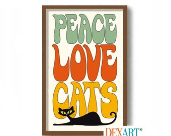 Mid Century Modern Cat Art Print, Hippie Decor, Peace Love Cats, Flower Power, Psychedelic, Woodstock, Cat Mom Boho Cat Lover Gift