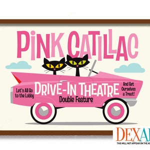 Mid Century Modern Art Print, Cat Lover Gift, Drive In Movie Sign, Retro Pedal Car, Living Room Wall Art, Movie Night, Atomic Art Cat Poster