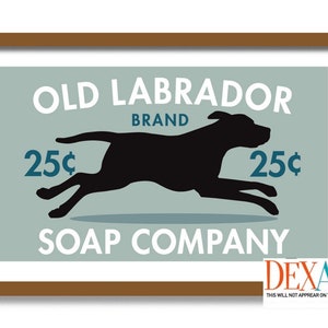 Puede incluir: Una ilustraci&oacute;n de estilo vintage de un labrador negro corriendo con el texto "OLD LABRADOR BRAND 25&cent; 25&cent; SOAP COMPANY" en azul verdoso y blanco.