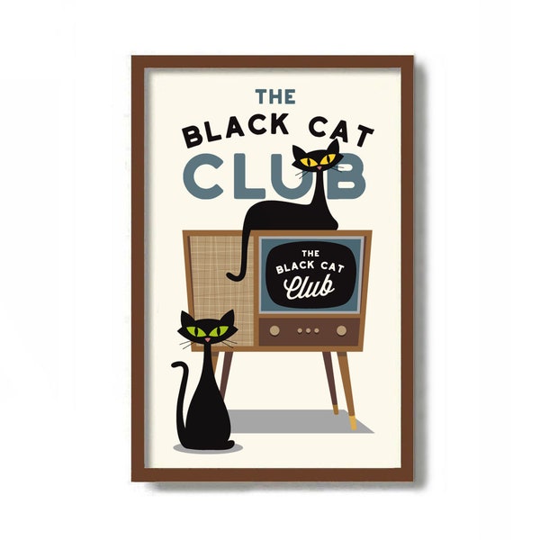 Black Cat Club, Mid Century Modern Wall Art, Black Cat Art Print, Old Television, Black Cat Gift Idea, Cat Lover Gift, TV Stand