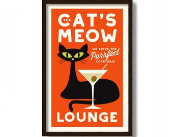 Black Cat Art Print, Mid Century Modern Art, Rat Pack Poster, Martini Art, Cocktail Poster, Bartender Gifts, Cat Lover Gift, Martini Glasses