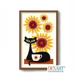 May include: A black cat with green eyes sits on a ledge with a cup of coffee. The cat is surrounded by yellow sunflowers with brown centers.