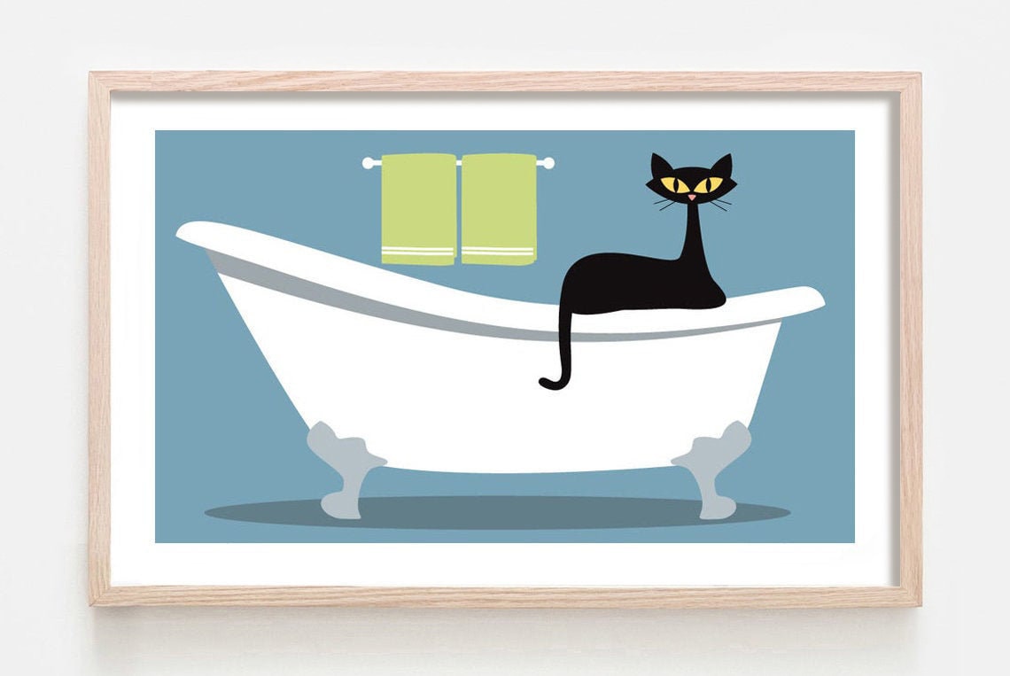 Cat Bathroom Decor Cat Art Print Mid Century Modern Art | Etsy