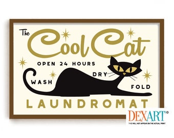 Laundry Room Decor Mid Century Modern Wall Art Print, Atomic Cat Art, Retro Wall Art Black Cat Art, Cat Mom, Washing Machine Laundry Sign