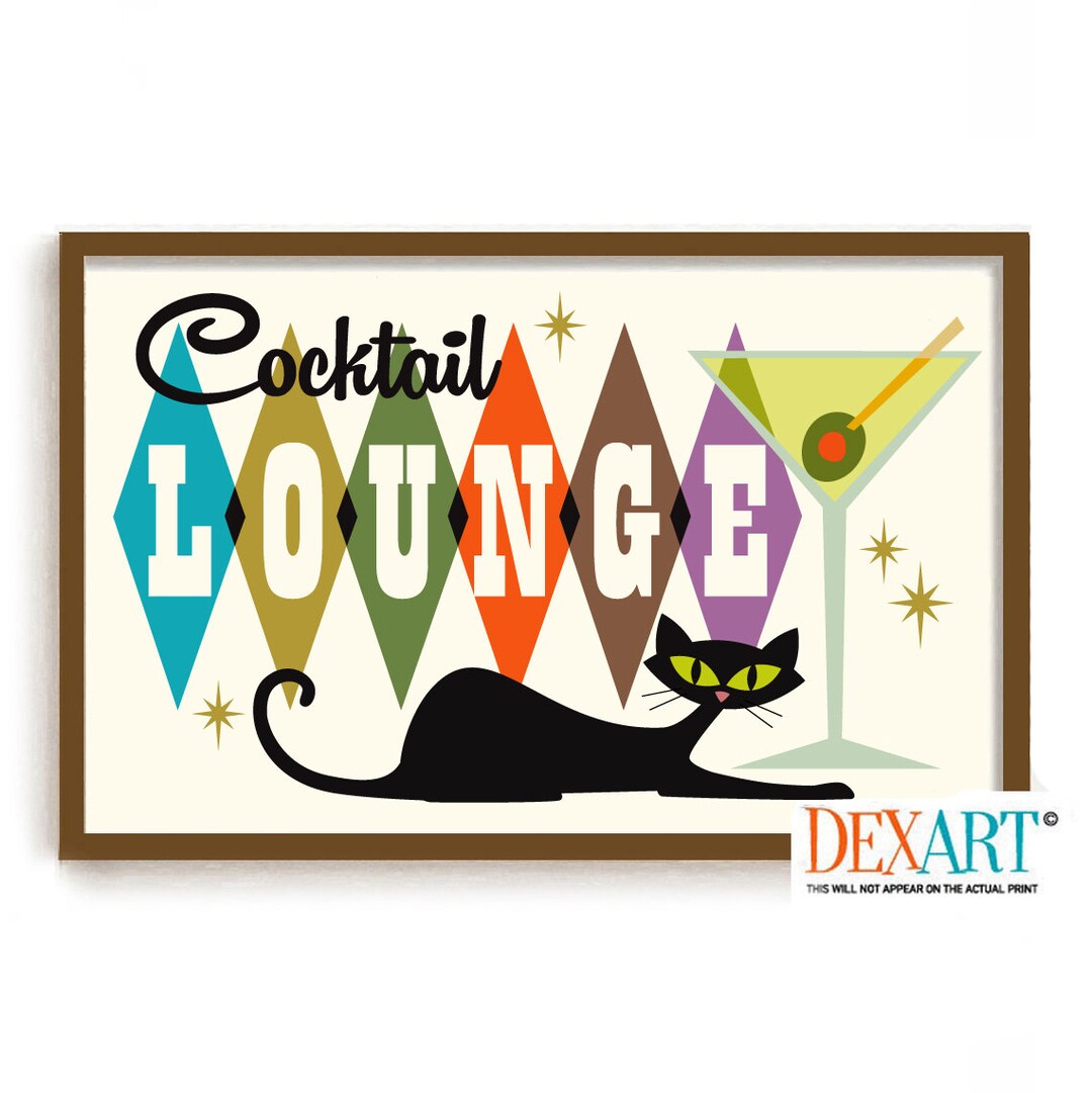 Mid Century Modern Atomic Cocktail Bar Wall Art, Black Cat Art Print ...