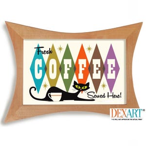 Mid Century Modern Cat and Coffee Kitchen Art Print, Wall Art, Black Cat Lover Gift, Coffee Lover, Atomic Cafe Diner Sign Retro Coffee Cup
