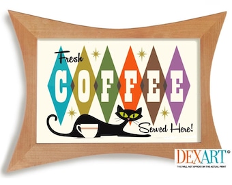 May include: A retro-style illustration of a black cat with a cup of coffee, surrounded by colorful diamond shapes with the text "Fresh Coffee Served Here!"