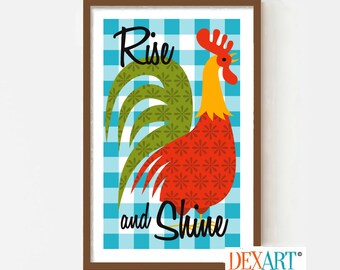 Rooster Kitchen Decor, Mid Century Modern Kitchen Art Print, Rise and Shine, Gingham Pattern, Chef Wall Decor Retro Kitchen Loves to Cook